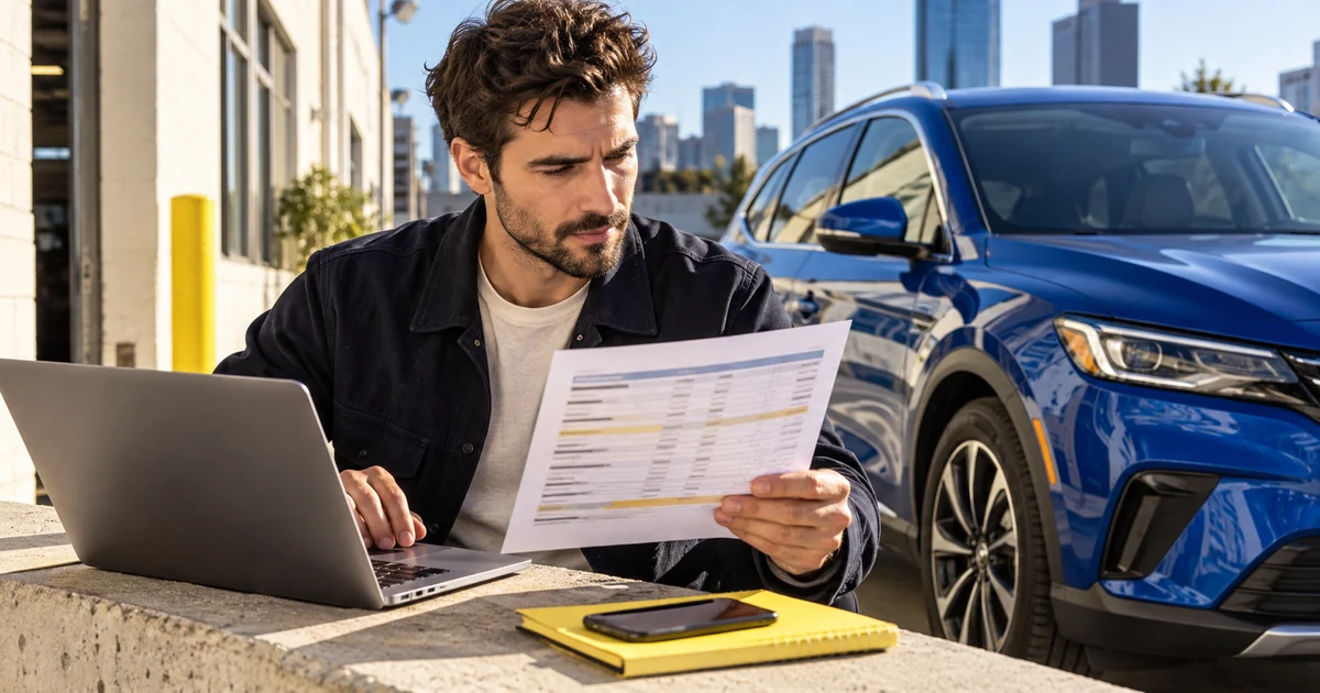 Buyer reviewing vehicle documents and a laptop beside a car