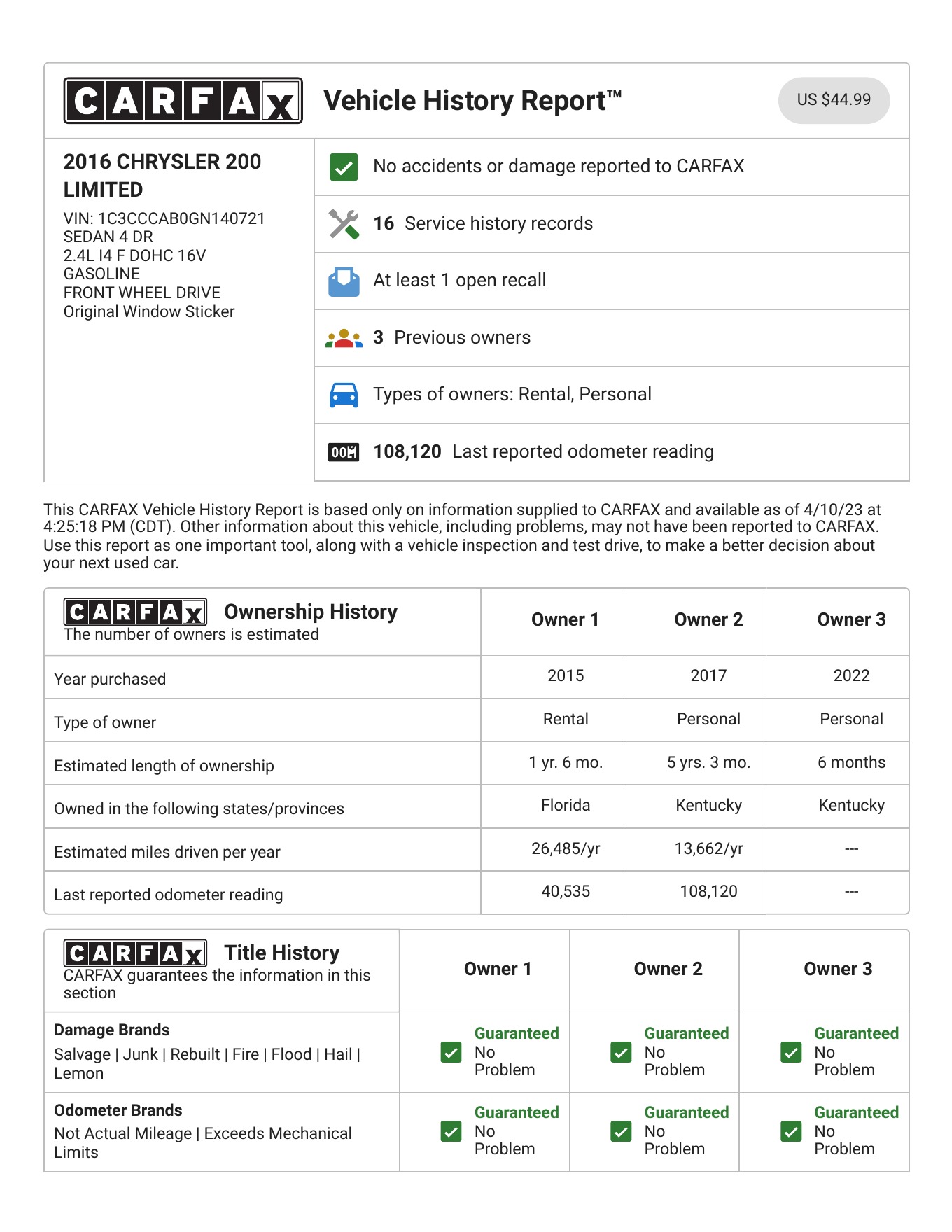 Preview of a CARFAX vehicle history report format