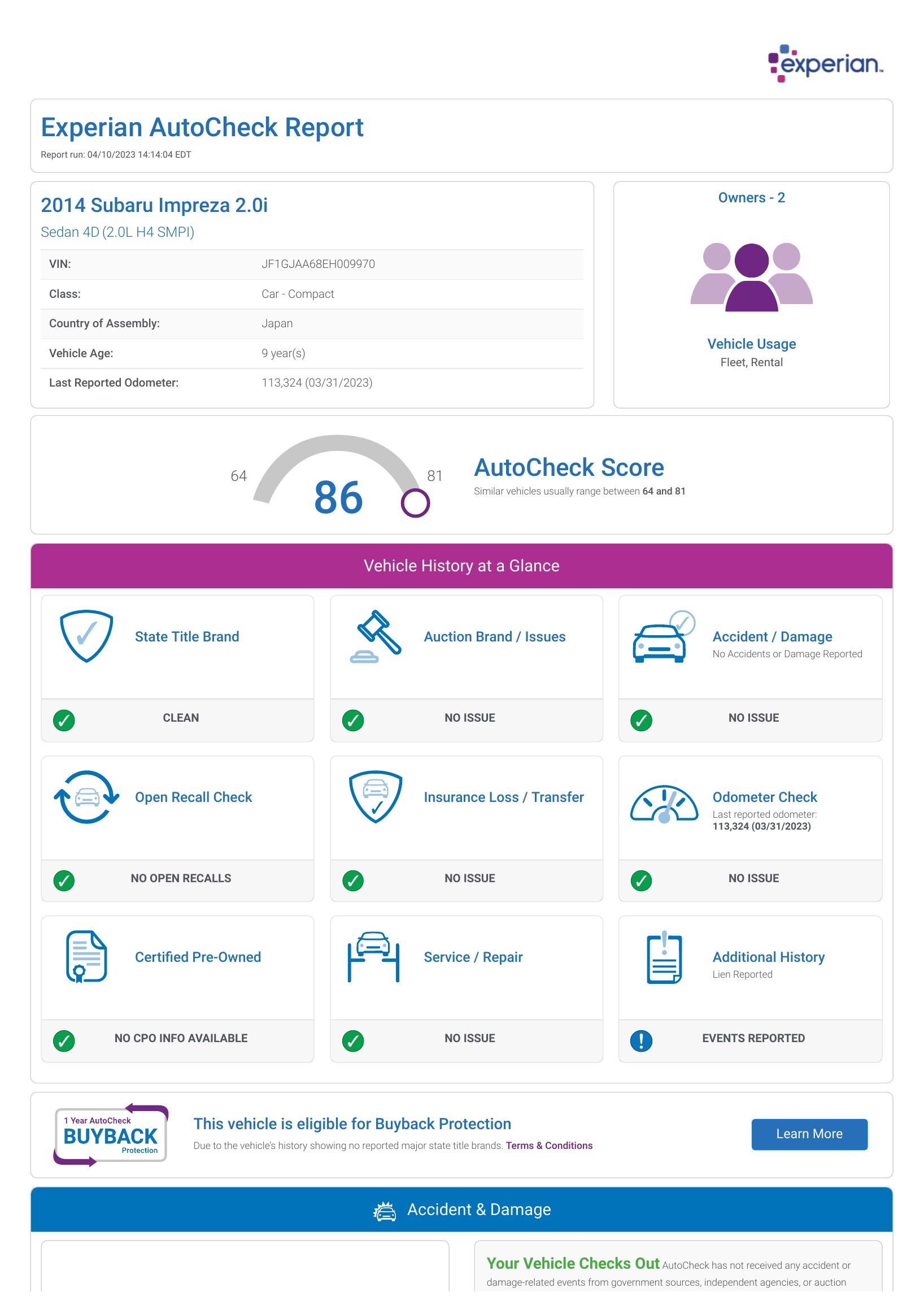 Aperçu de la première page du véritable exemple de rapport Experian AutoCheck